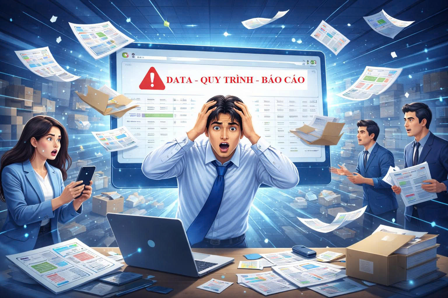 Doanh nhân đang tương tác với hệ thống quản trị không gian ảo (HUD) hiển thị các thông số ERP, CRM